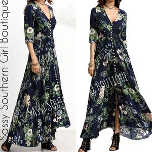 🆕⭐ Boho Navy blue floral button up maxi dress